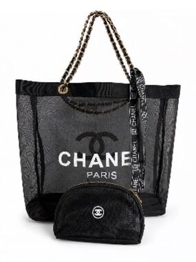 CHANEL Black Mesh Tote with Chain Handles and Logo Pouch